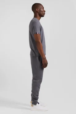 Regular grey short-sleeved cotton T-shirt with emblem embroidery