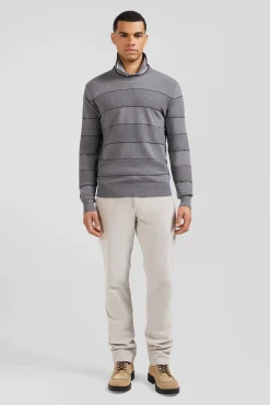 Regular grey striped cotton and cashmere crew neck jumper