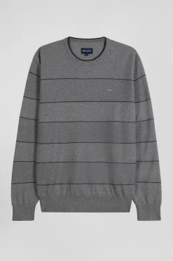 Regular grey striped cotton and cashmere crew neck jumper