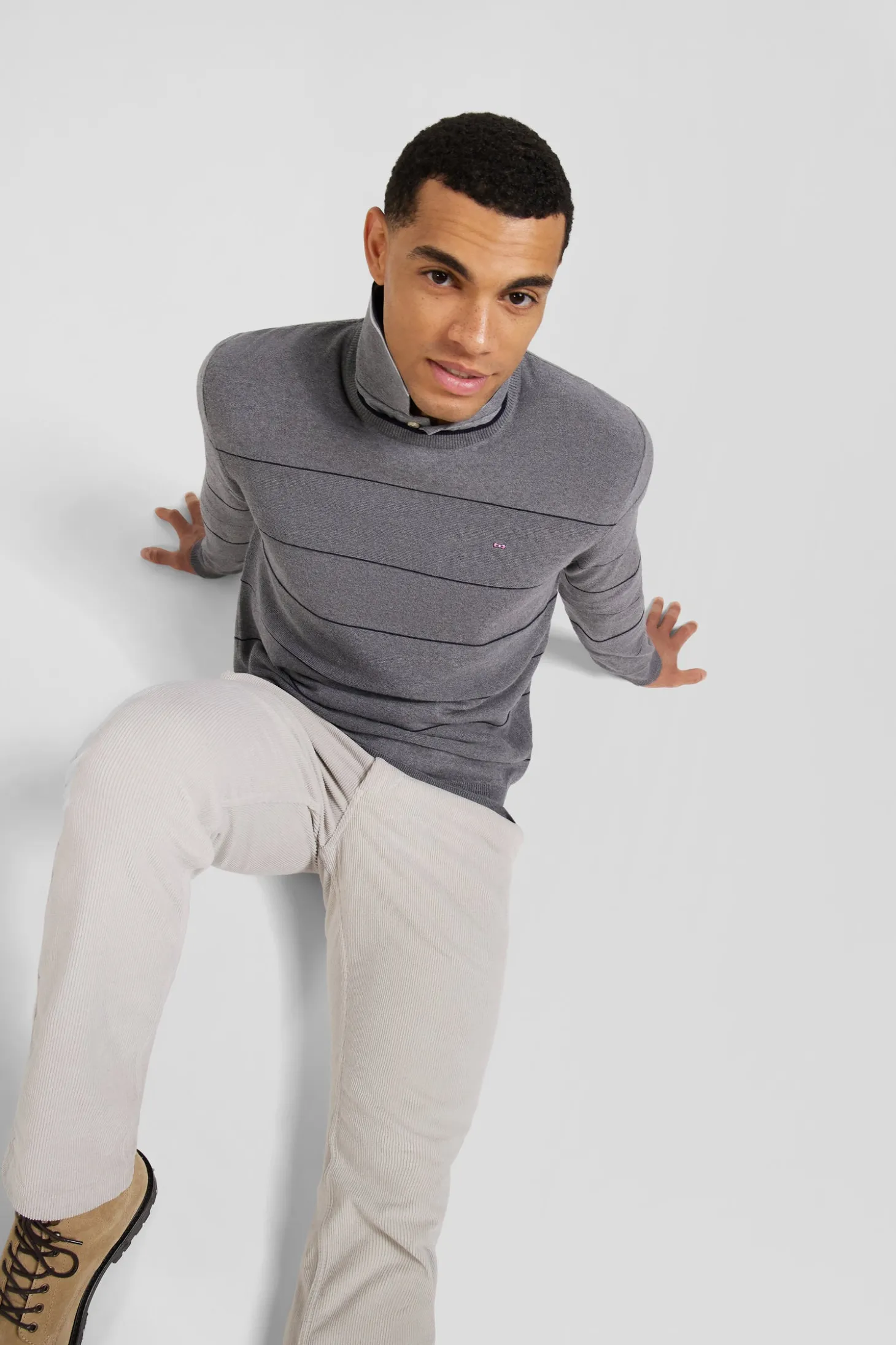 Regular grey striped cotton and cashmere crew neck jumper