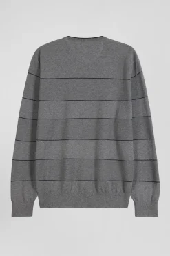 Regular grey striped cotton and cashmere crew neck jumper