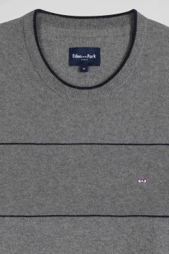 Regular grey striped cotton and cashmere crew neck jumper