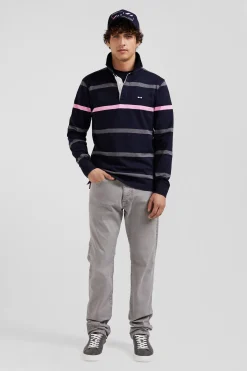 Regular grey striped long-sleeved cotton rugby shirt with back embroidery