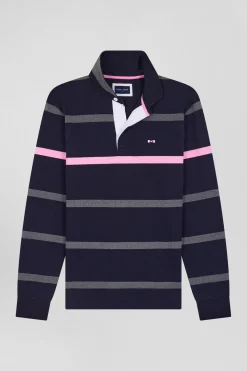 Regular grey striped long-sleeved cotton rugby shirt with back embroidery