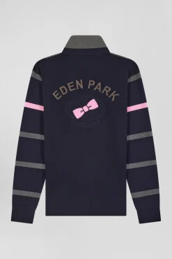 Regular grey striped long-sleeved cotton rugby shirt with back embroidery