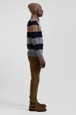 Regular grey striped wool and cotton jumper with rugby shirt collar