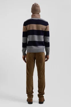 Regular grey striped wool and cotton jumper with rugby shirt collar