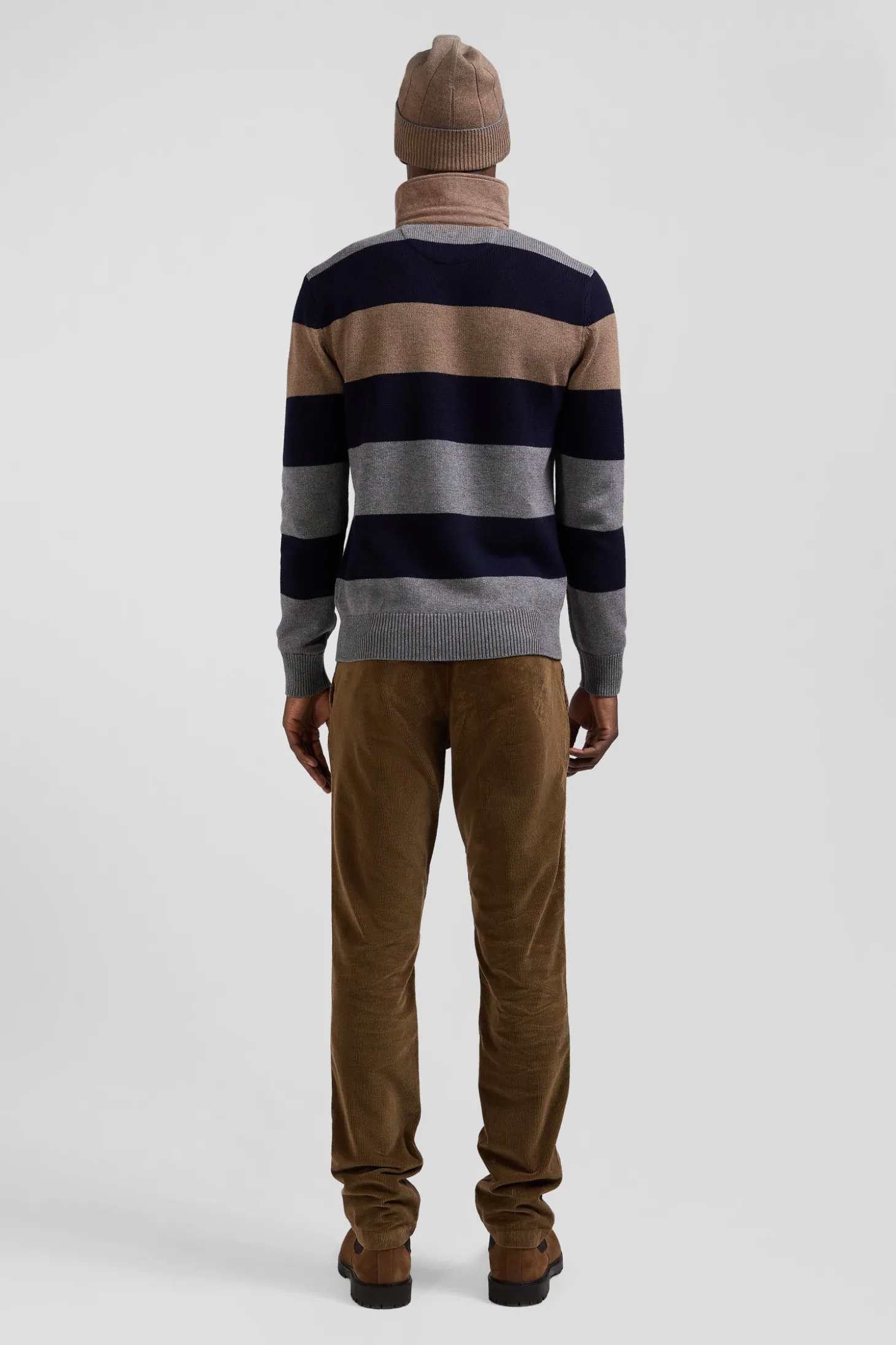 Regular grey striped wool and cotton jumper with rugby shirt collar
