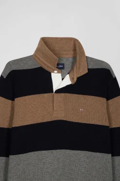 Regular grey striped wool and cotton jumper with rugby shirt collar
