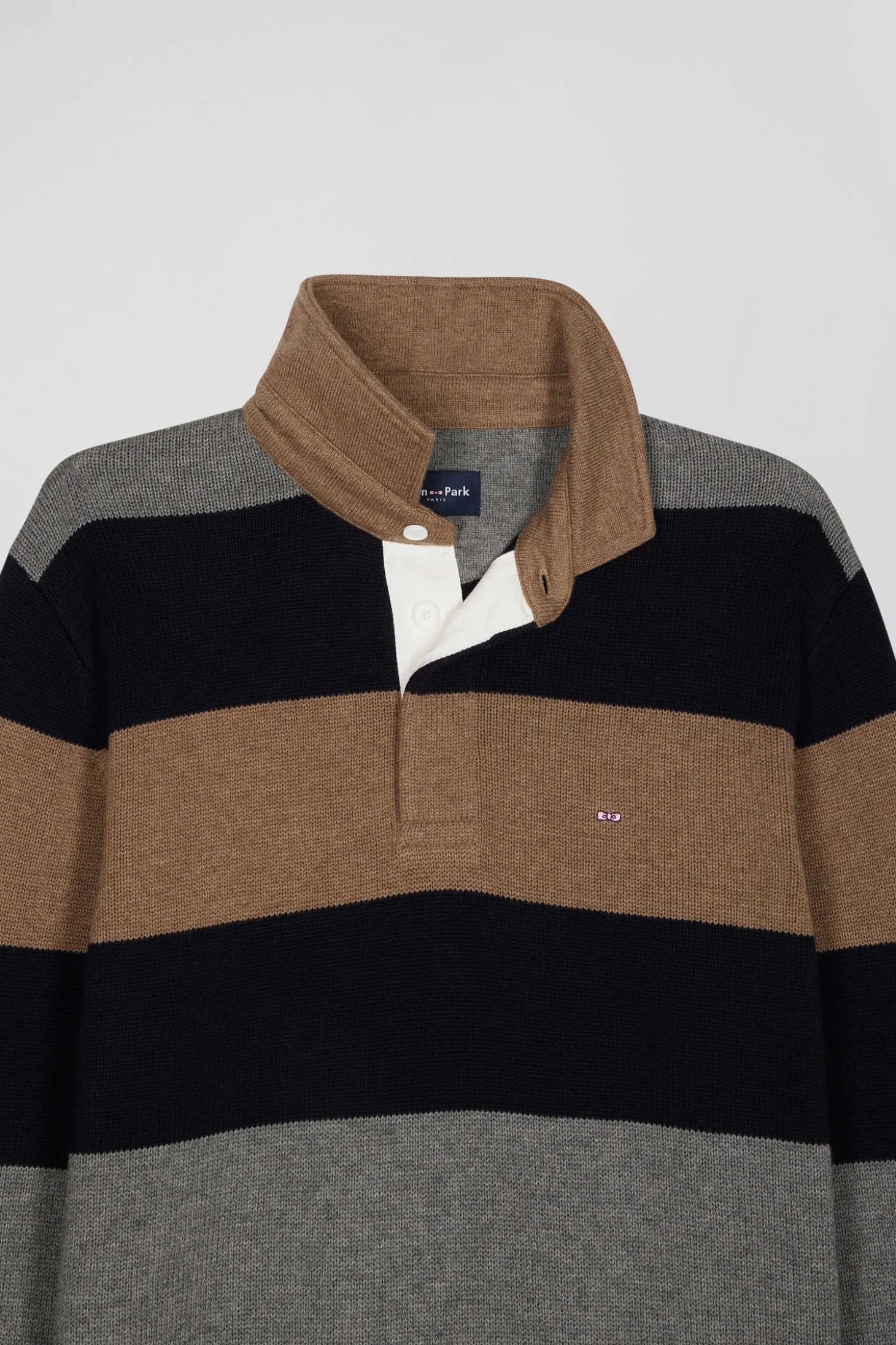 Regular grey striped wool and cotton jumper with rugby shirt collar