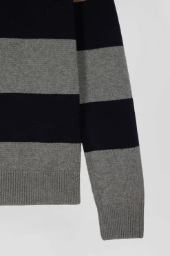 Regular grey striped wool and cotton jumper with rugby shirt collar