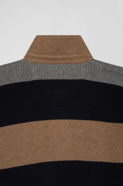 Regular grey striped wool and cotton jumper with rugby shirt collar