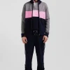 Regular grey tricolour high collar zipped cardigan with N°10 embroidery and knit patterns