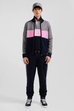 Regular grey tricolour high collar zipped cardigan with N°10 embroidery and knit patterns