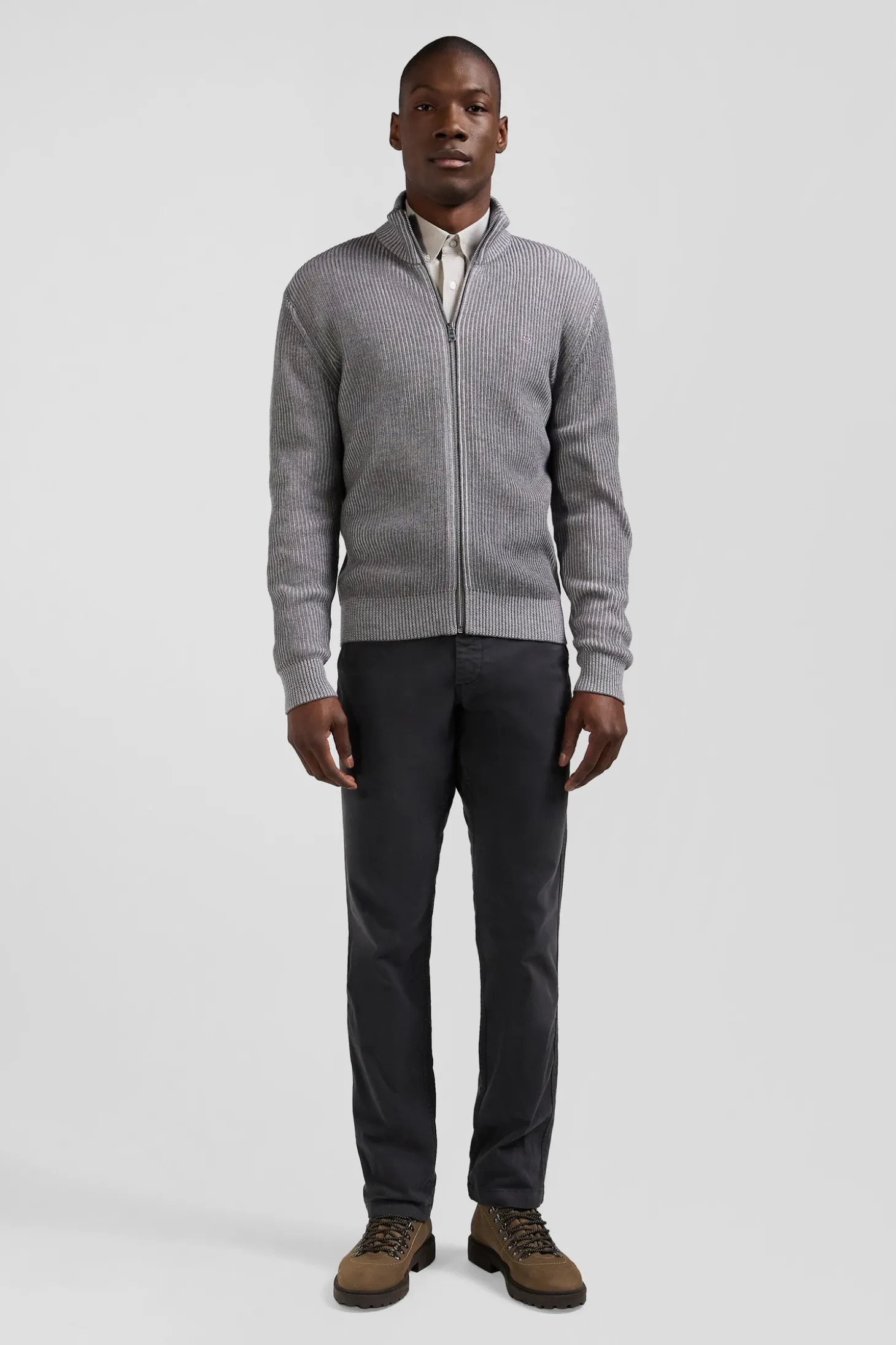Regular grey wool and cotton zipped cardigan