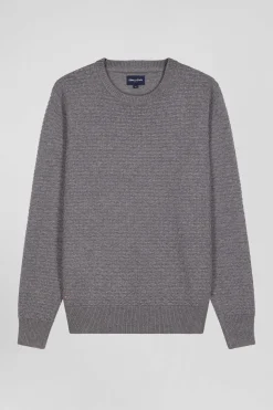 Regular grey wool and cotton crew neck jumper with micro bow tie effect