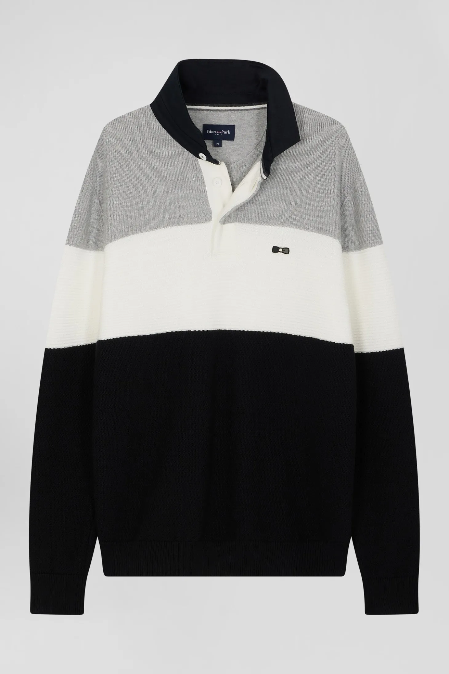 Regular grey wool and cotton jumper with knit patterns and rugby shirt collar