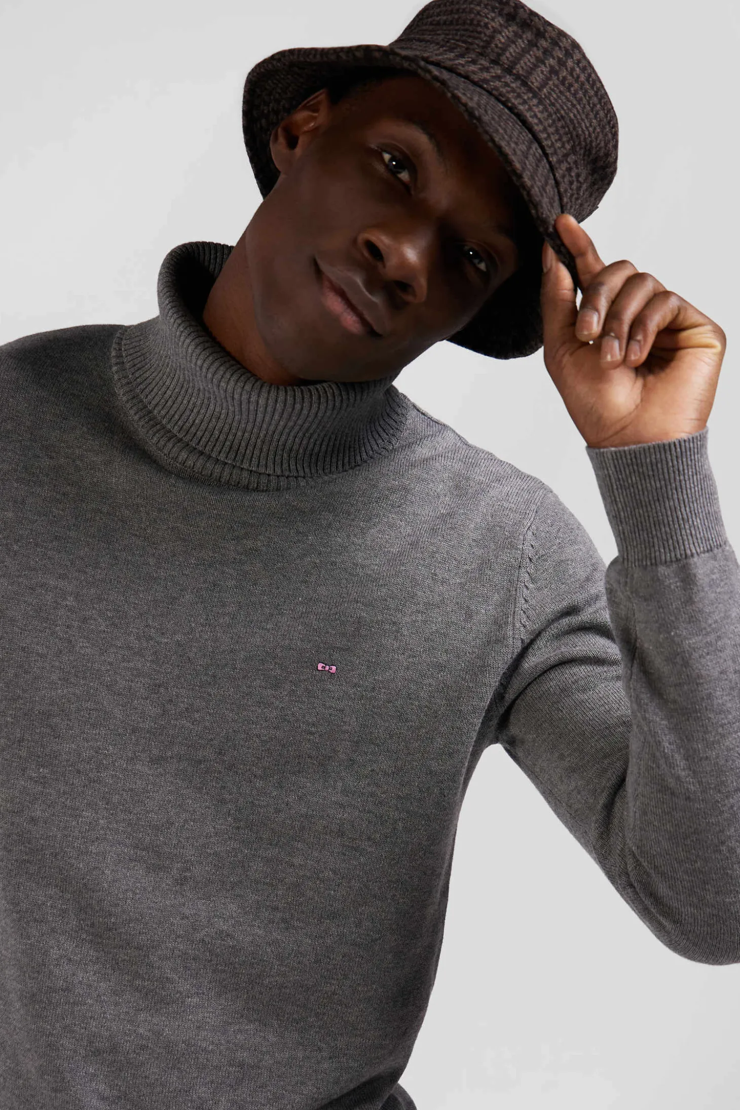 Regular grey wool and cotton turtleneck jumper