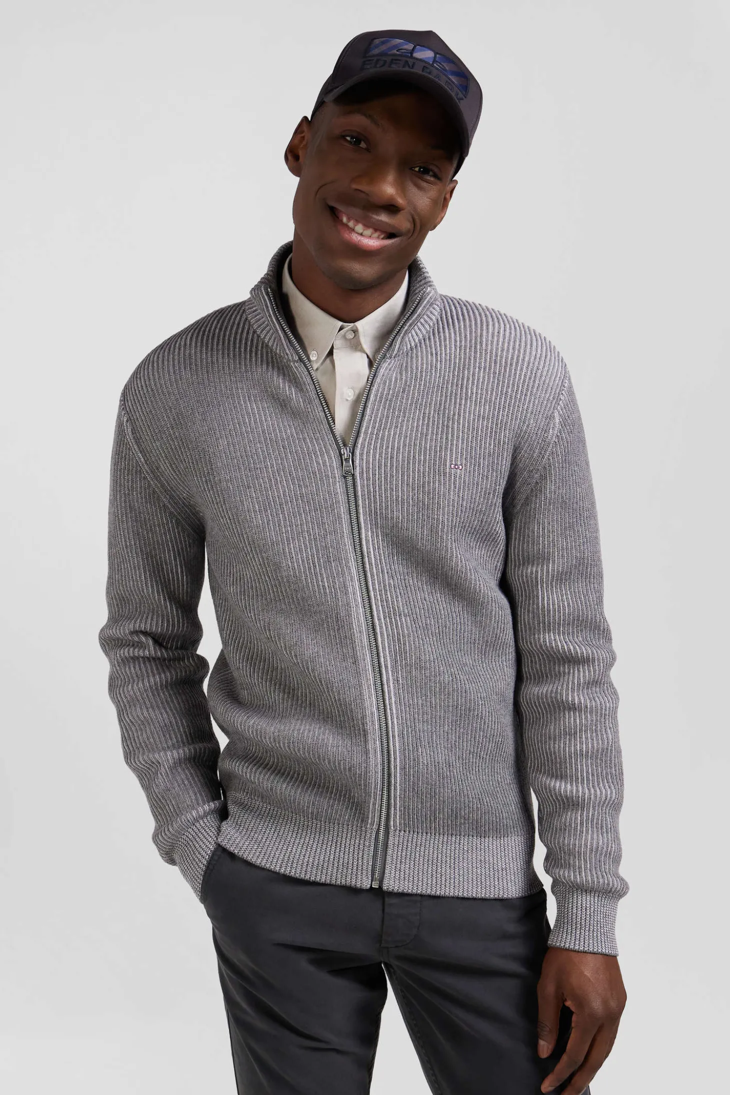 Regular grey wool and cotton zipped cardigan