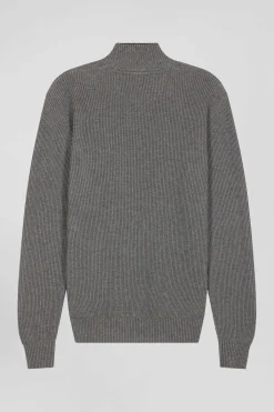 Regular grey wool and cotton high-neck jumper