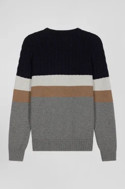Regular grey wool and cotton crew neck jumper with knit patterns