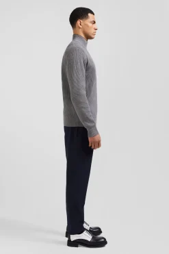 Regular grey wool and cotton high-neck jumper