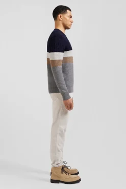 Regular grey wool and cotton crew neck jumper with knit patterns