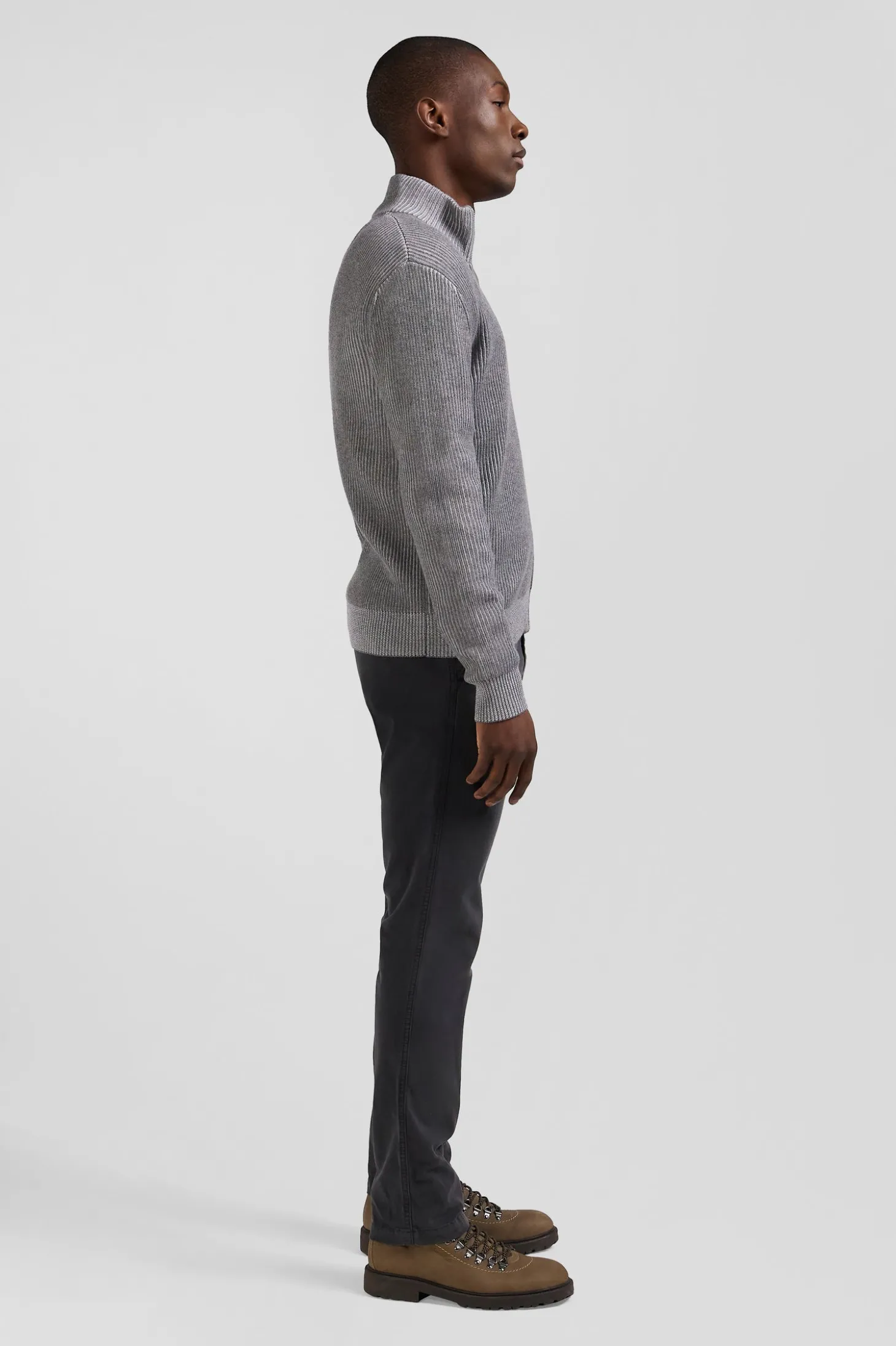 Regular grey wool and cotton zipped cardigan