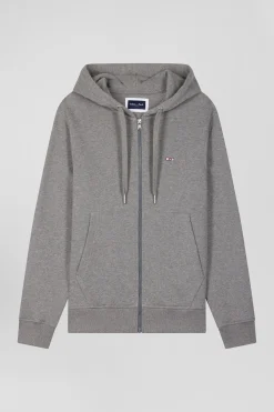 Regular grey zipped brushed cotton fleece hoodie