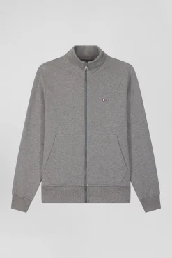 Regular grey zipped brushed cotton fleece sweatshirt with high top collar