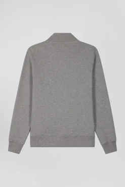Regular grey zipped brushed cotton fleece sweatshirt with high top collar