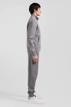 Regular grey zipped brushed cotton fleece sweatshirt with high top collar