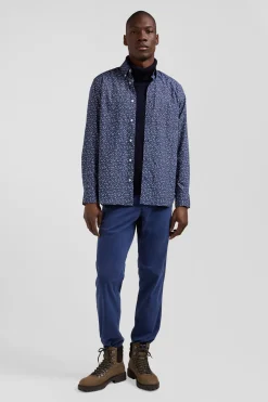 Regular indigo cotton shirt with microprint