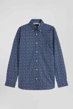 Regular indigo cotton shirt with microprint