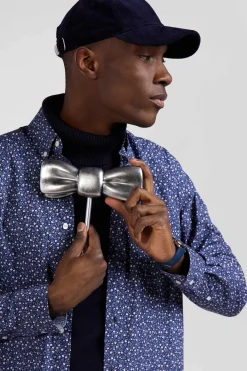 Regular indigo cotton shirt with microprint