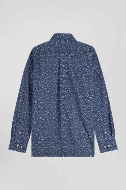 Regular indigo cotton shirt with microprint