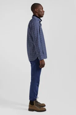 Regular indigo cotton shirt with microprint