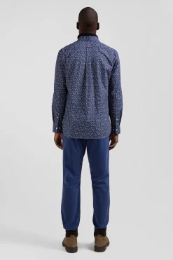 Regular indigo cotton shirt with microprint