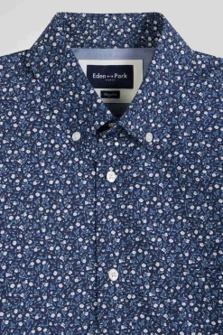 Regular indigo cotton shirt with microprint
