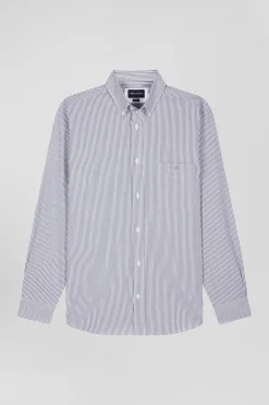 Regular indigo striped cotton jacquard shirt