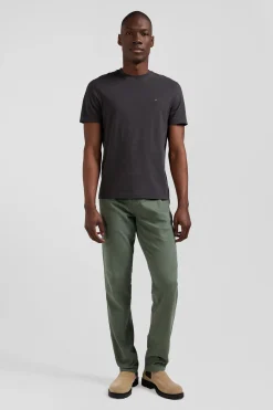 Regular khaki short-sleeved cotton T-shirt with back patch