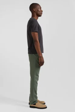 Regular khaki short-sleeved cotton T-shirt with back patch