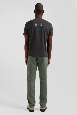 Regular khaki short-sleeved cotton T-shirt with back patch