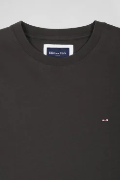 Regular khaki short-sleeved cotton T-shirt with back patch