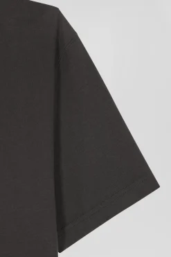 Regular khaki short-sleeved cotton T-shirt with back patch