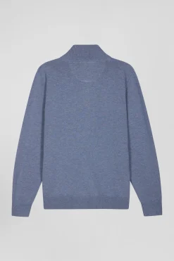 Regular light blue semi-zipped wool and cotton jumper
