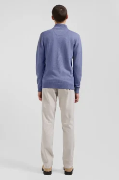 Regular light blue semi-zipped wool and cotton jumper