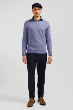Regular light blue wool and cotton crew neck jumper