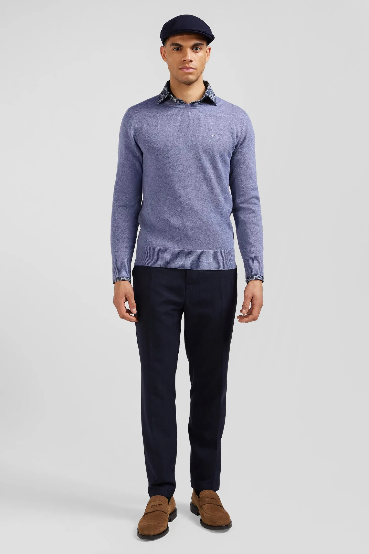 Regular light blue wool and cotton crew neck jumper