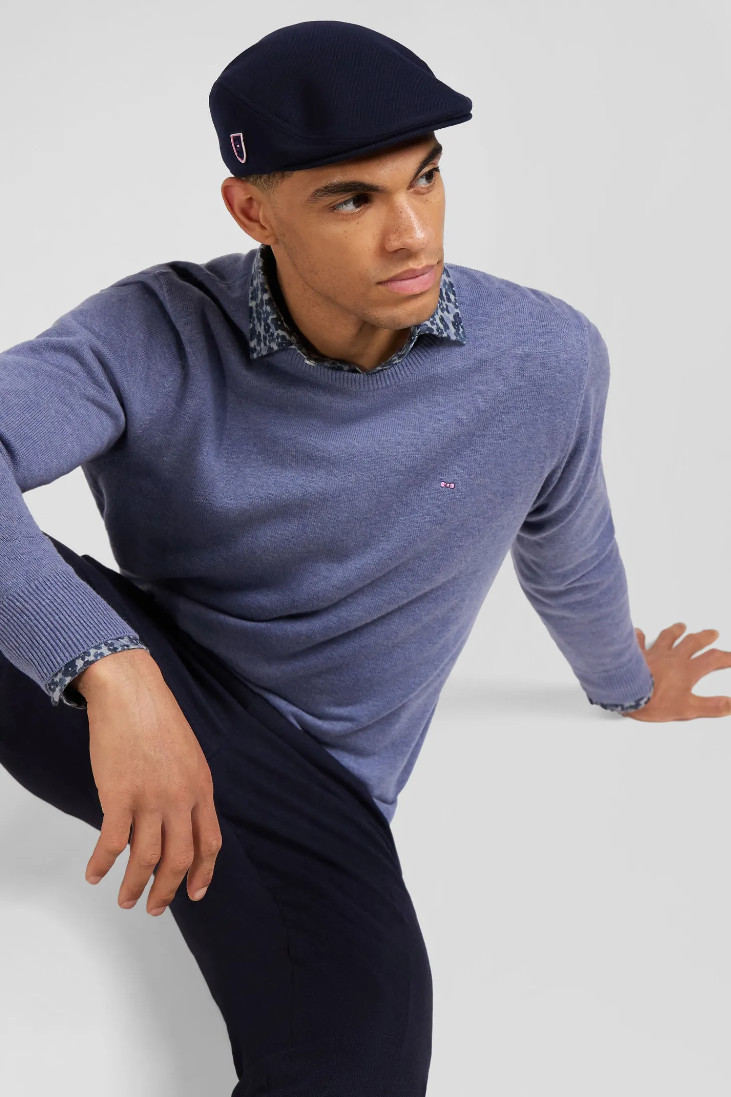 Regular light blue wool and cotton crew neck jumper